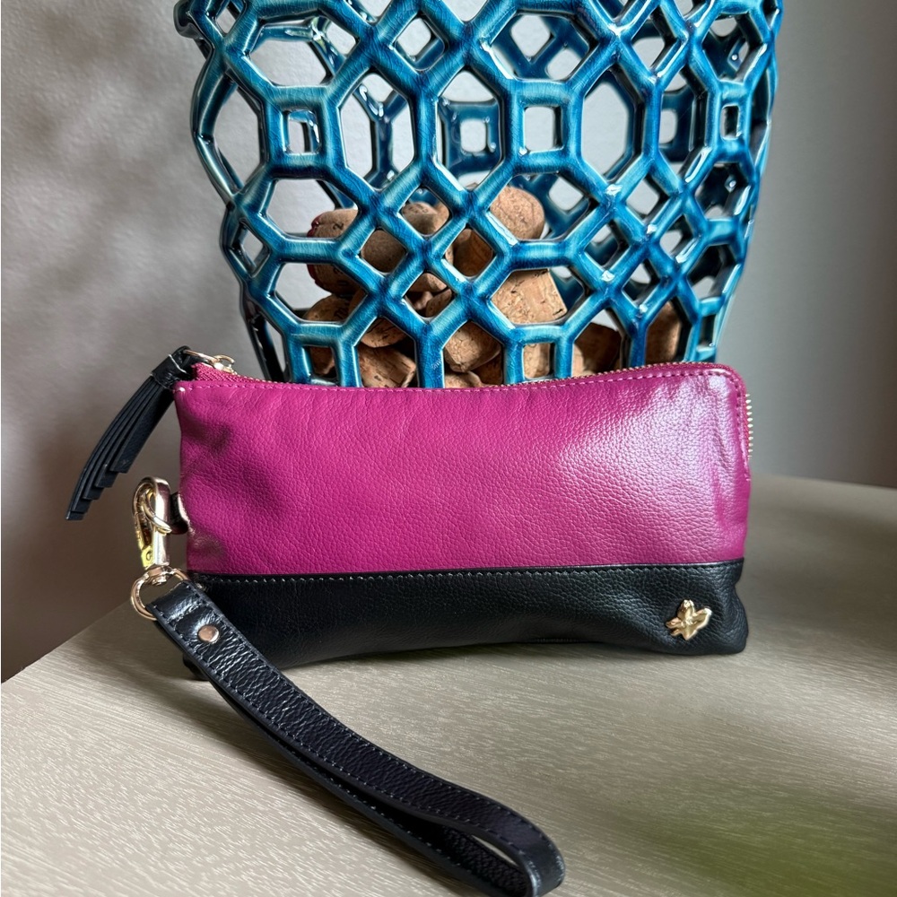 Ora Delphine Leather Pink and Black Wristlet Clutch